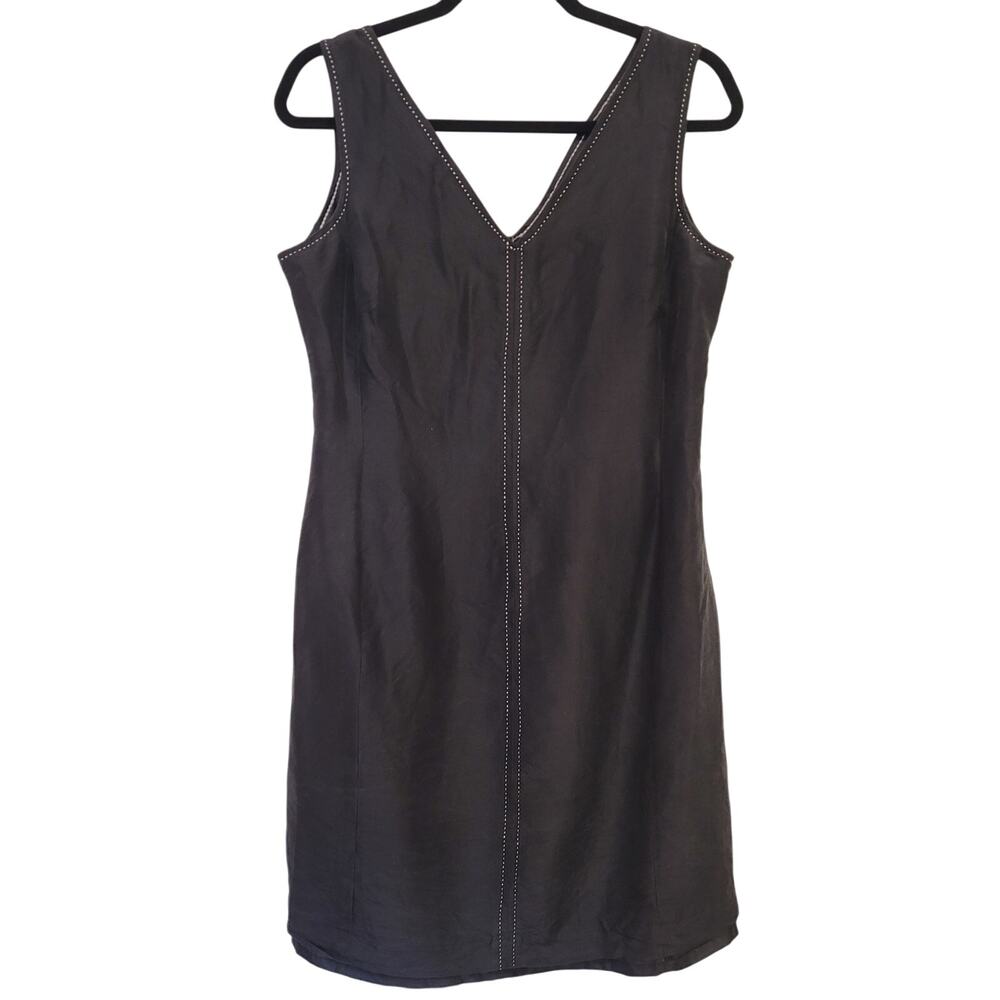Harris Wallace New York Black 100% Silk Dress Size 10 V Neck Stitch Minimalist